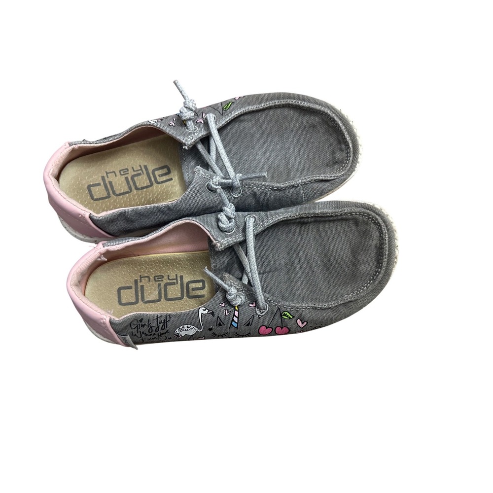 Kids Hey Dude Grey Canvas Shoes with Fun Graphics Pink Accents Size 1 - 2